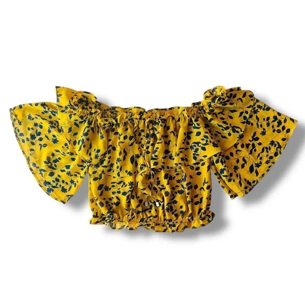 FAVLUX Yellow Floral Off-Shoulder Ruffle Crop Top Size Small